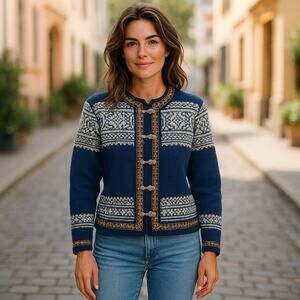 Vintage North Cape By Knut & Knut Norwegian Wool Sweater In Blue & White Large